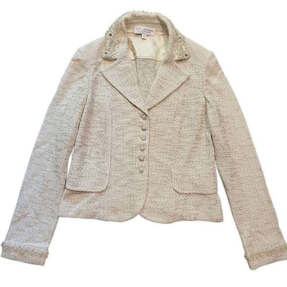 St. John Jacket Women's Medium Ivory Wool Blend Tweed Sparkle Pearl Beaded - Picture 1 of 9